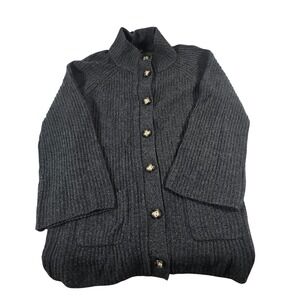 McDuff Womens Wool Cashmere Ribbed Knit Mock Neck Cardigan Sweater Gray Large